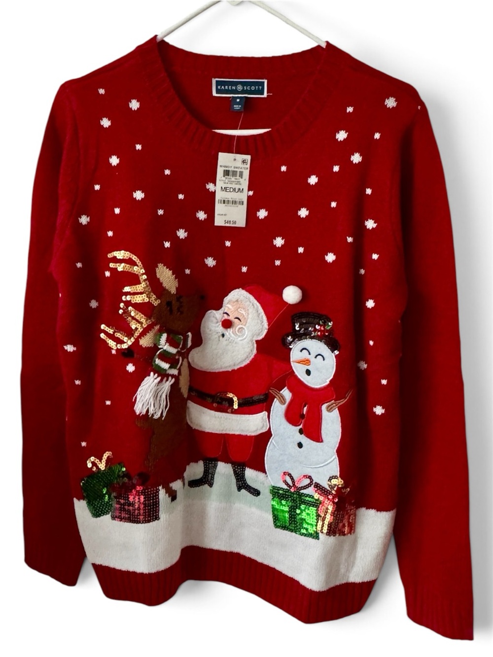 Karen Scott Red Crewneck Holiday Sweater with Santa, Snowman & Reindeer